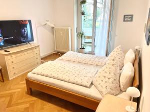 a bedroom with a bed and a tv on a dresser at Art studio 64 in Basel