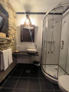a bathroom with a sink and a glass shower at Casa do Porco - Farm Stay & Spa no Douro in Melres