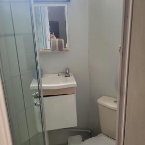 a bathroom with a toilet and a sink and a mirror at Apartamento in União da Vitória