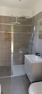 a bathroom with a shower and a toilet and a sink at Chez Christine et Marcel in Nans-les-Pins +14 photos