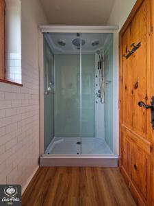 a shower with a glass door in a bathroom at Casa Polsa 1964 in Brentonico
