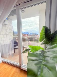 a living room with a large sliding glass door at Zenith Apartment - Herceg Novi & Beach & Private Parking in Bijela