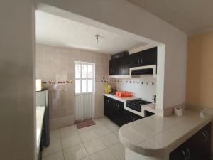 a kitchen with black cabinets and a counter top at Casa Ixtapa in Ixtapa