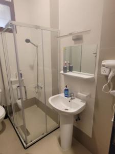 a bathroom with a shower and a sink at Cozy, Tiny, Retreat Studio in a prime location in Abu Dhabi