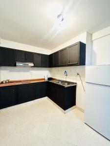 a kitchen with black cabinets and a white refrigerator at Carmen Magdalena in Asunción