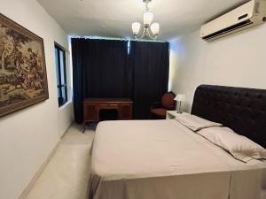 a bedroom with a bed and a black curtain at Carmen Magdalena in Asunción