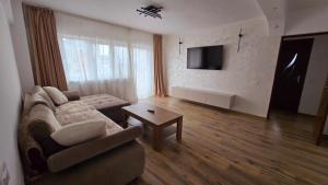 a living room with a couch and a table at Downtown City Apartment in Râmnicu Vâlcea
