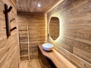 a bathroom with a sink on a wooden wall at Chalet 1480 in Allos