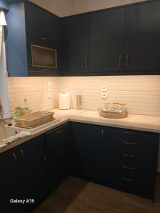 a kitchen with dark blue cabinets and a sink at Dipotamata House SynetI in Andros +11 photos