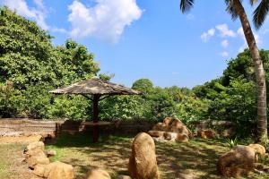 an umbrella and some rocks and a palm tree at Green Heaven in Dickwella +5 photos