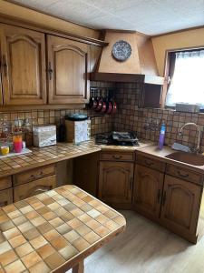 a kitchen with wooden cabinets and a sink at maison indépendante in Millery