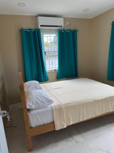 a bedroom with blue curtains and a bed and a window at Dalleos Getaway in Tacarigua
