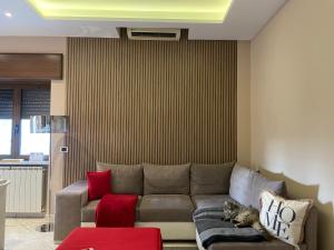 a living room with a couch and a cat laying on a blanket at Pompei Duplex Apartment Deluxe in Boscoreale