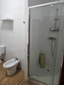 a bathroom with a shower with a toilet and a sink at Casa da Cabreira in Nigrán