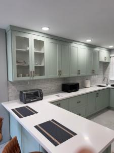 a kitchen with green cabinets and a white counter top at Dalleos Getaway in Tacarigua