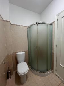 a bathroom with a toilet and a glass shower at Sciara casa vacanze in Viagrande +10 photos