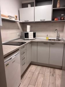 a kitchen with white cabinets and a sink and a microwave at Apartment Elize in Zagreb