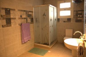 a bathroom with a shower and a toilet and a sink at 36 Southwalk in Quseir +38 photos