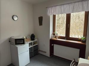 a small kitchen with a microwave and a window at Přijďte pobejt in Benecko +19 photos