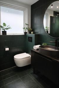 a bathroom with a toilet and a sink and a mirror at Sommerhus ved Vesterhavet in Ulfborg