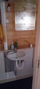a bathroom with a white sink and a mirror at Vikendica strane in Mateševo +48 photos