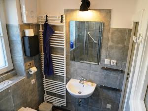 a small bathroom with a sink and a shower at Pension Pichelsdorf in Berlin