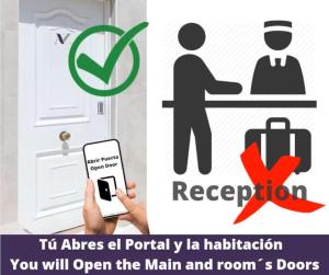 a sign for a door with a man holding a cell phone at AYZ Villegas - Auto check-in property in Madrid +18 photos