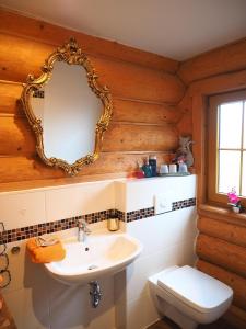 a bathroom with a white sink and a mirror at Schlossalm Ferienwohnungen in Brannenburg +44 photos
