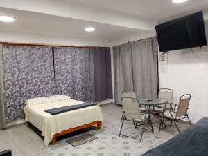 a bedroom with a bed and a table and a tv at Terrazas Hotel and Hostel in Taxco de Alarcón