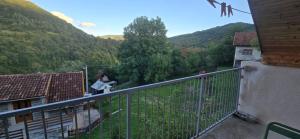 Eine Frau steht auf einem Balkon und blickt auf die Berge. in der Unterkunft Vikendica Delfin Durakovici-Trnovo in Grahovište