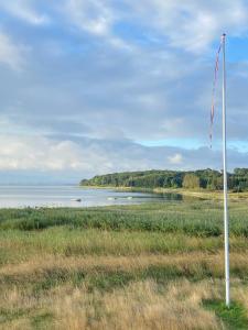 a flag pole in the middle of a field with a lake at Gammel Løgten Strandkro in Hornslet