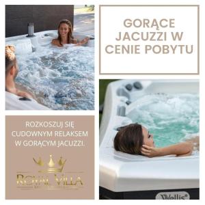 a collage of three pictures of a woman in a hot tub at ROYAL Villa RESORT & SPA - Jacuzzi, Sauna, MELEX na plażę, Masaże, Apartamenty z kuchnią, Widok na Zalew Wiślany in Krynica Morska