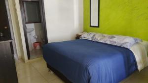 a bedroom with a blue bed and a green wall at Hotel Salamandra Tunja in Tunja