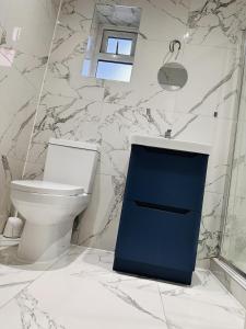 a bathroom with a toilet and a blue door at Large Double Bed En-suite Room 20 mins from Heathrow in Burnham