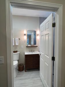 a bathroom with a sink and a toilet and a mirror at Endicott Cottage in Richmond