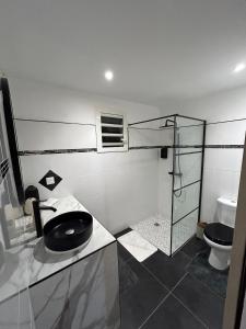 a bathroom with a black sink and a toilet at Obonheur avec Jacuzzi in Le Gosier +13 photos