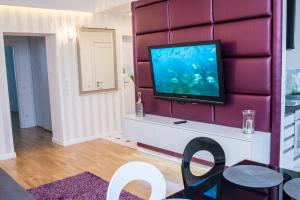 a living room with a tv on a purple wall at Apartament Popiełuszki 39 in Stalowa Wola
