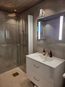 a bathroom with a white sink and a shower at Harteigen cabin Lofoten retreat in Vestvågøya +21 photos