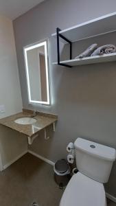 a bathroom with a toilet and a sink and a mirror at Barreto Leme Studio 12 in Campinas +8 photos