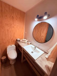 a bathroom with a sink and a toilet and a mirror at Cabañas Agua y Campo in Osorno +6 photos