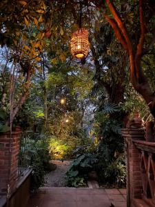 a garden with a chandelier hanging over a walkway at El Bungalow de Juana in Tepoztlán