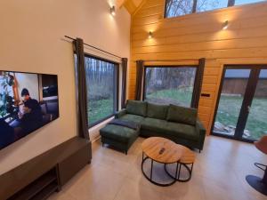 ein Wohnzimmer mit Sofa und Tisch in der Unterkunft Bez Planu in Zambski Stare