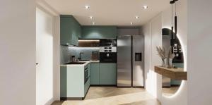 a kitchen with green cabinets and a refrigerator at WBR Apartlak in Villány