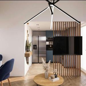 a living room with a television and a table at WBR Apartlak in Villány
