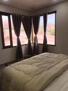 a bedroom with a large bed and two windows at Cabaña los amarillos in Huacalera