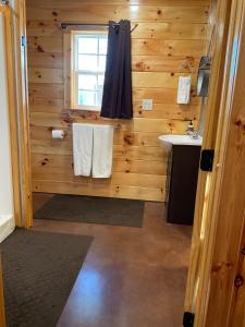 a bathroom with a wooden wall with a sink and towels at Blue Cozy Cottage in Oneida