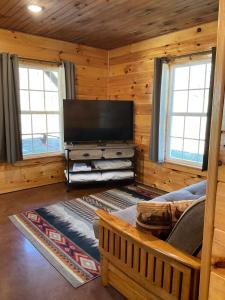 a living room with a flat screen tv in a log cabin at Blue Cozy Cottage in Oneida
