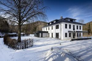 a white house in the snow with a tree at Vila Eduarda Grohmanna in Vrbno pod Pradědem