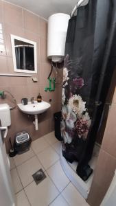 a bathroom with a sink and a shower curtain at Apartman TATTOO R in Negotin +40 photos