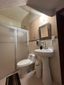 a bathroom with a toilet and a sink and a shower at El Hogar de Carmelita in Guanajuato +30 photos